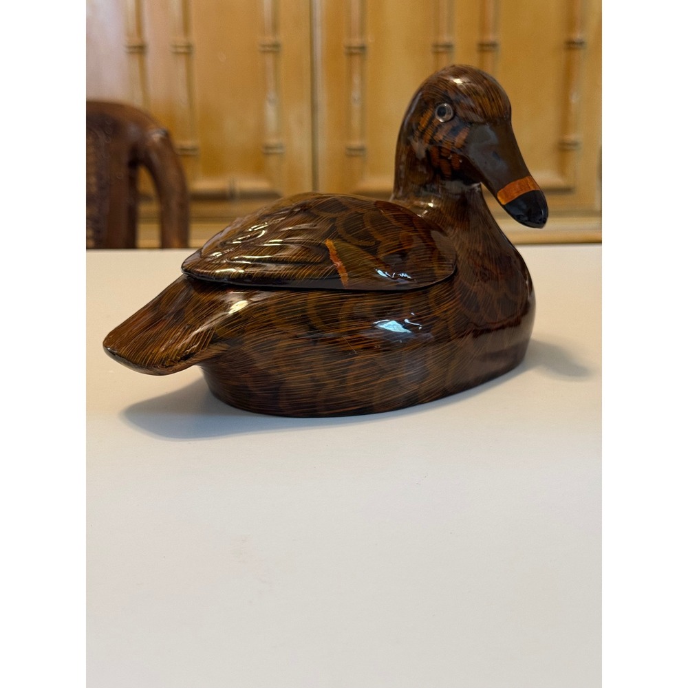 Vtg Lacquerware Duck Trinket Box Hand Painted Brown Mallard Decoy Red Interior 1